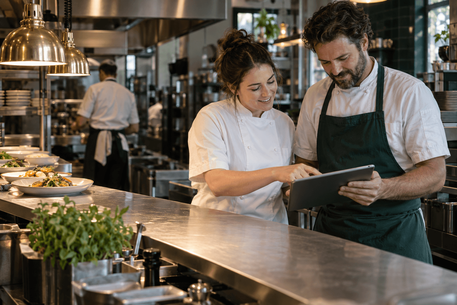 Two kitchen colleagues calmly reviewing a tablet before service